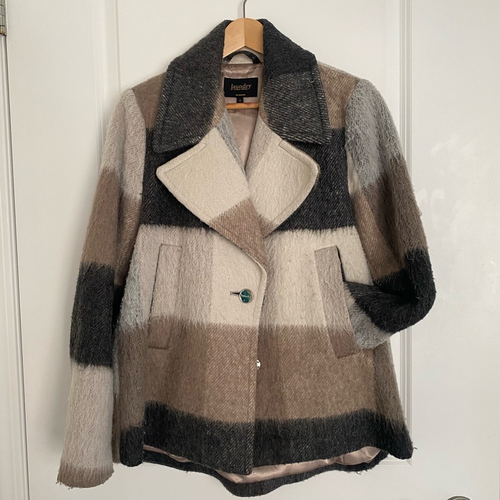 Laundry By Shelli Segal | Colorblock Pea Coat in Black, Gray, Cream, and Brown
